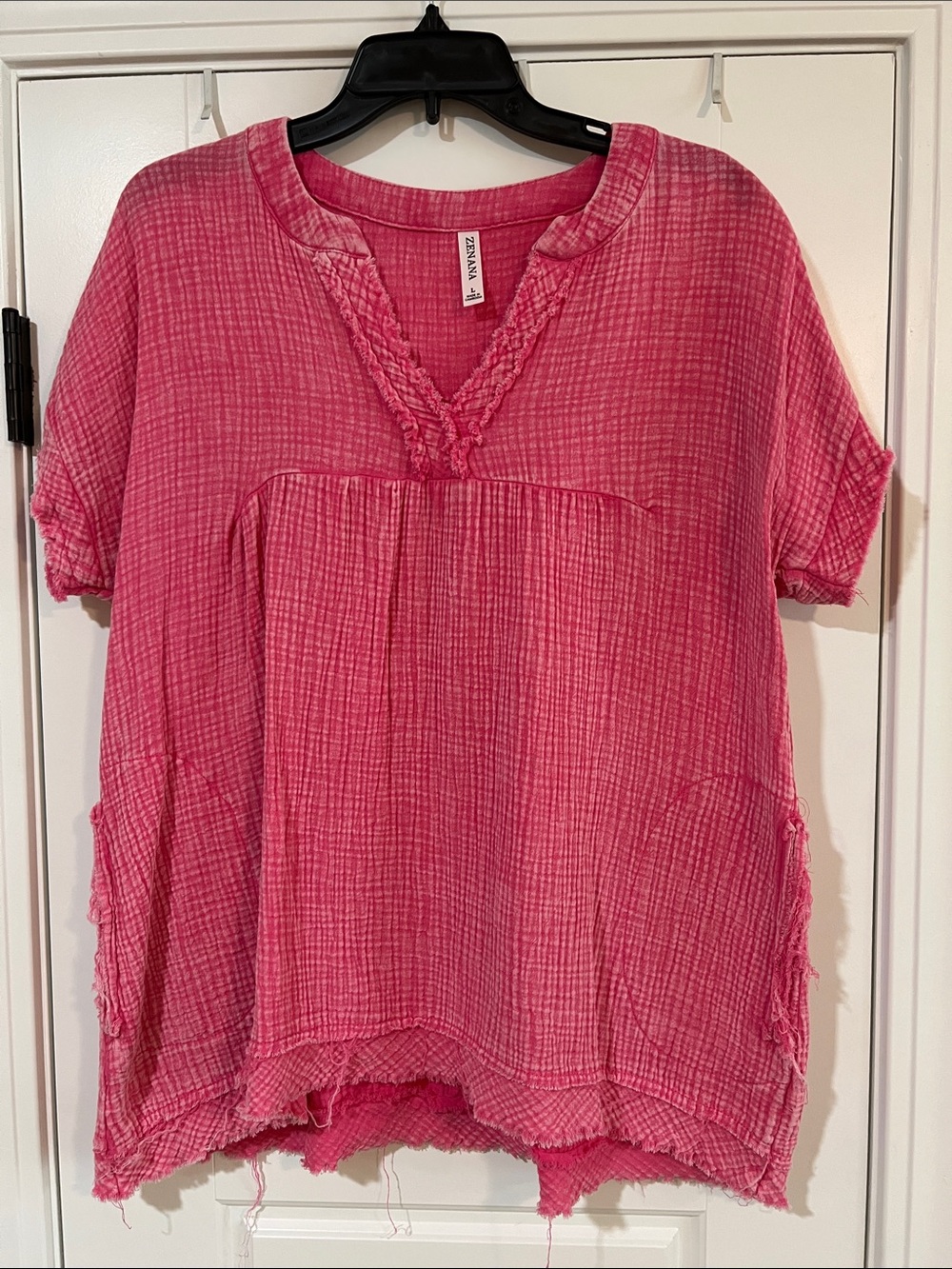 Zanzea Hot Pink Crinkle V-Neck Short Sleeve Tunic